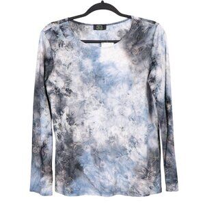 Shannon Ford Shirt L Womens NEW Long Sleeve Blue Gray Floral Glitter Sparkle